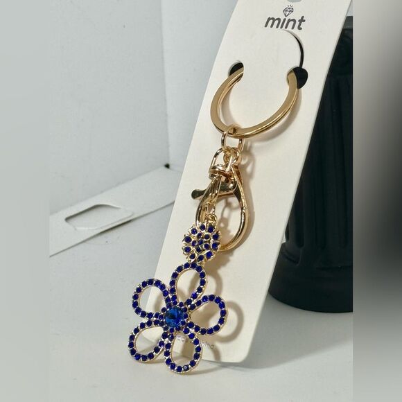 Crystal Flower Keychain Charm - Blue & Gold Accent - Picture 4 of 5